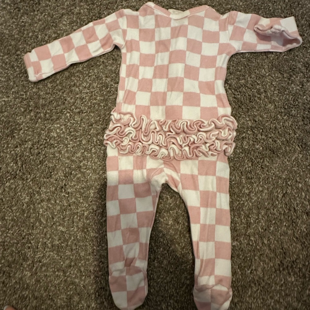 Pink & White Checker Ruffle Baby One-Piece - Picture 2 of 5